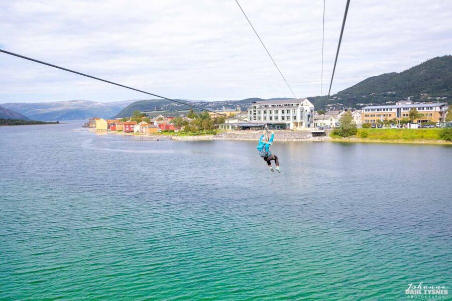 Feel the adrenaline in Mosjøen Zipline - Safety on the wire: harnessing, guide support, and automatic braking